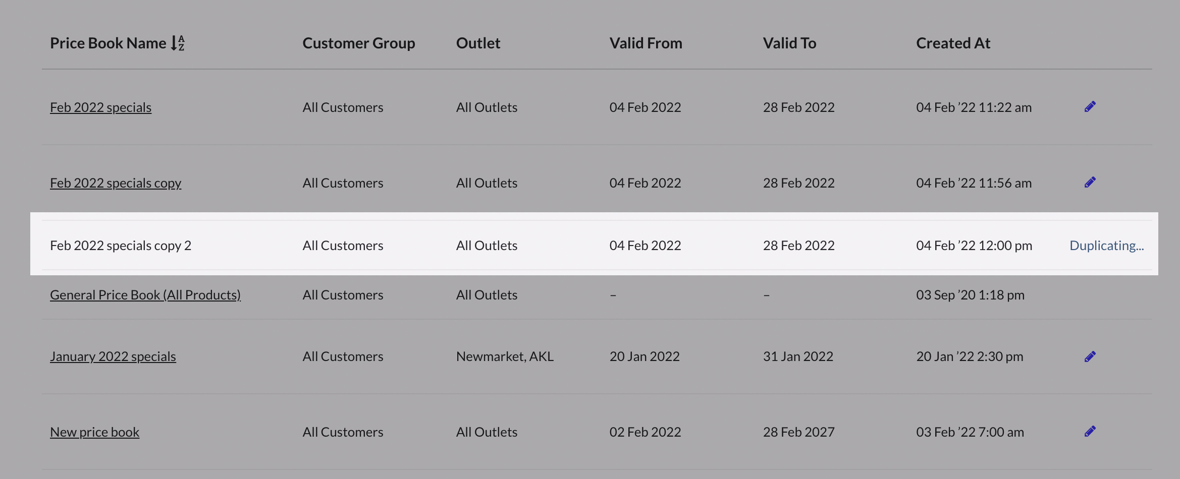 Price books page with specific price book emphasized, showing the Duplicating status.