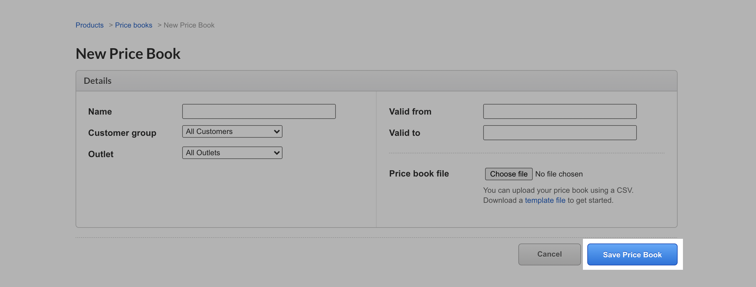 Page 'Nouveau catalogue de prix' avec le bouton 'Enregistrer' mis en surbrillance.