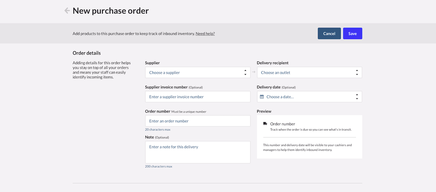 Editing order details for a new purchase order