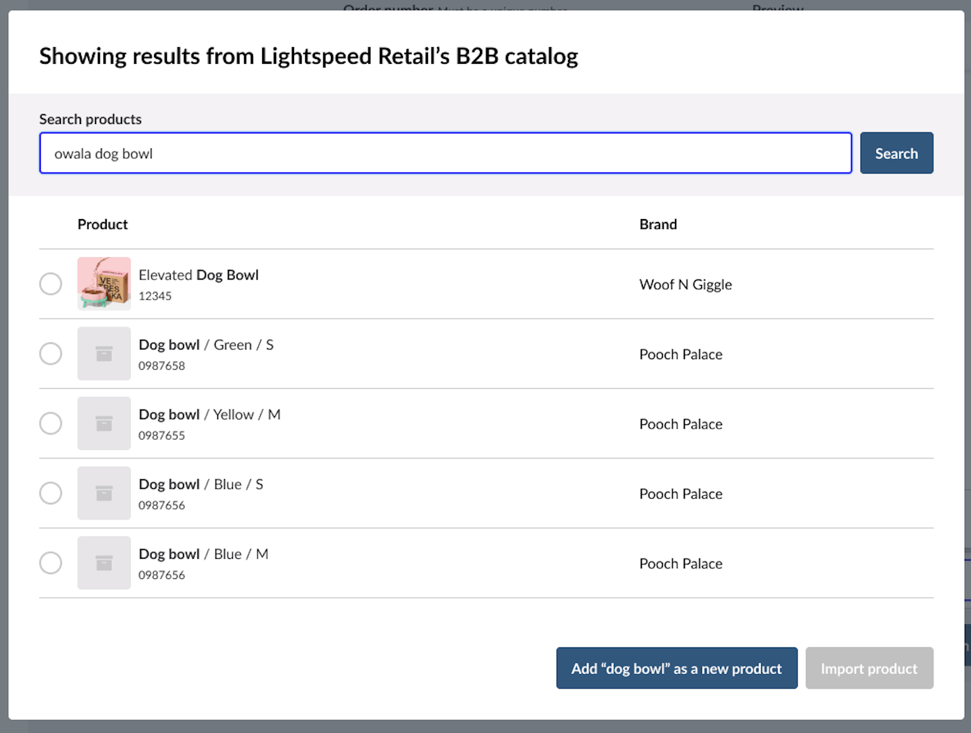 Selecting a product from the B2B catalog