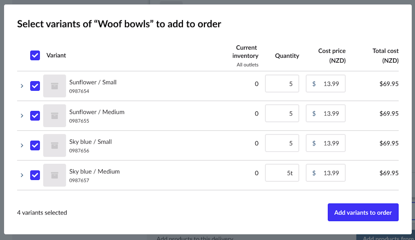 Selecting which product variants to add to the purchase order