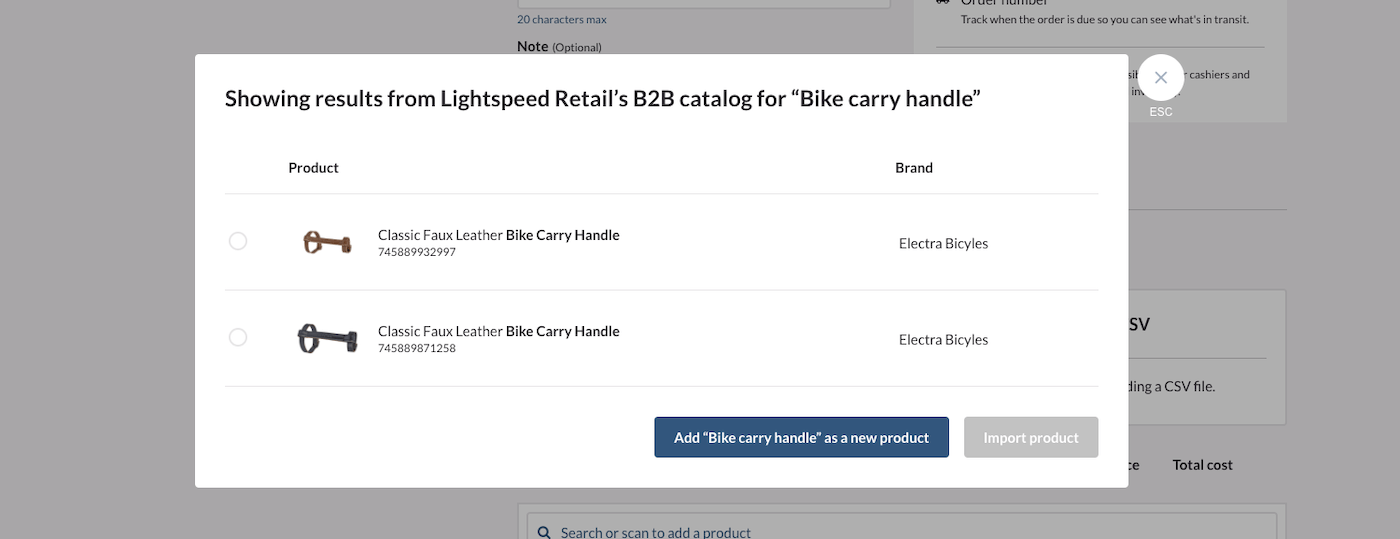 Selecting a product from the B2B catalog