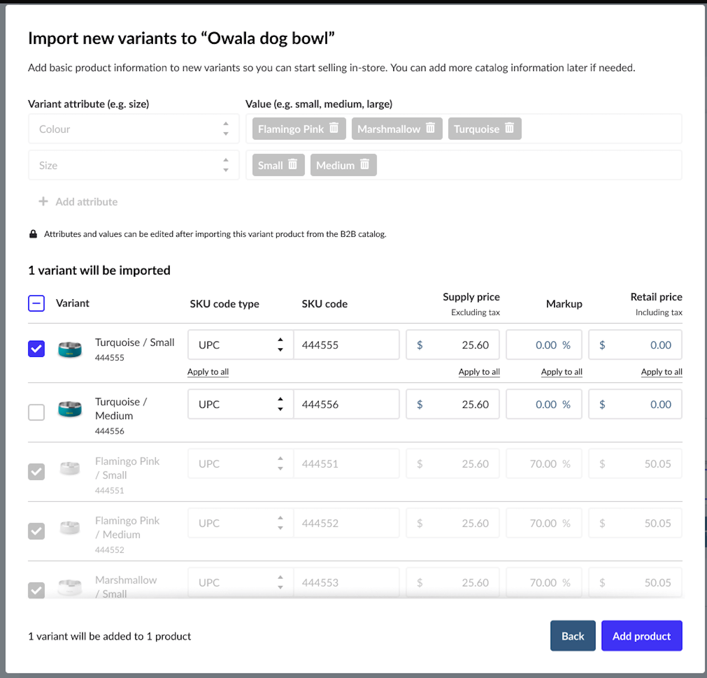 Selecting which variants to import into my catalog after matching