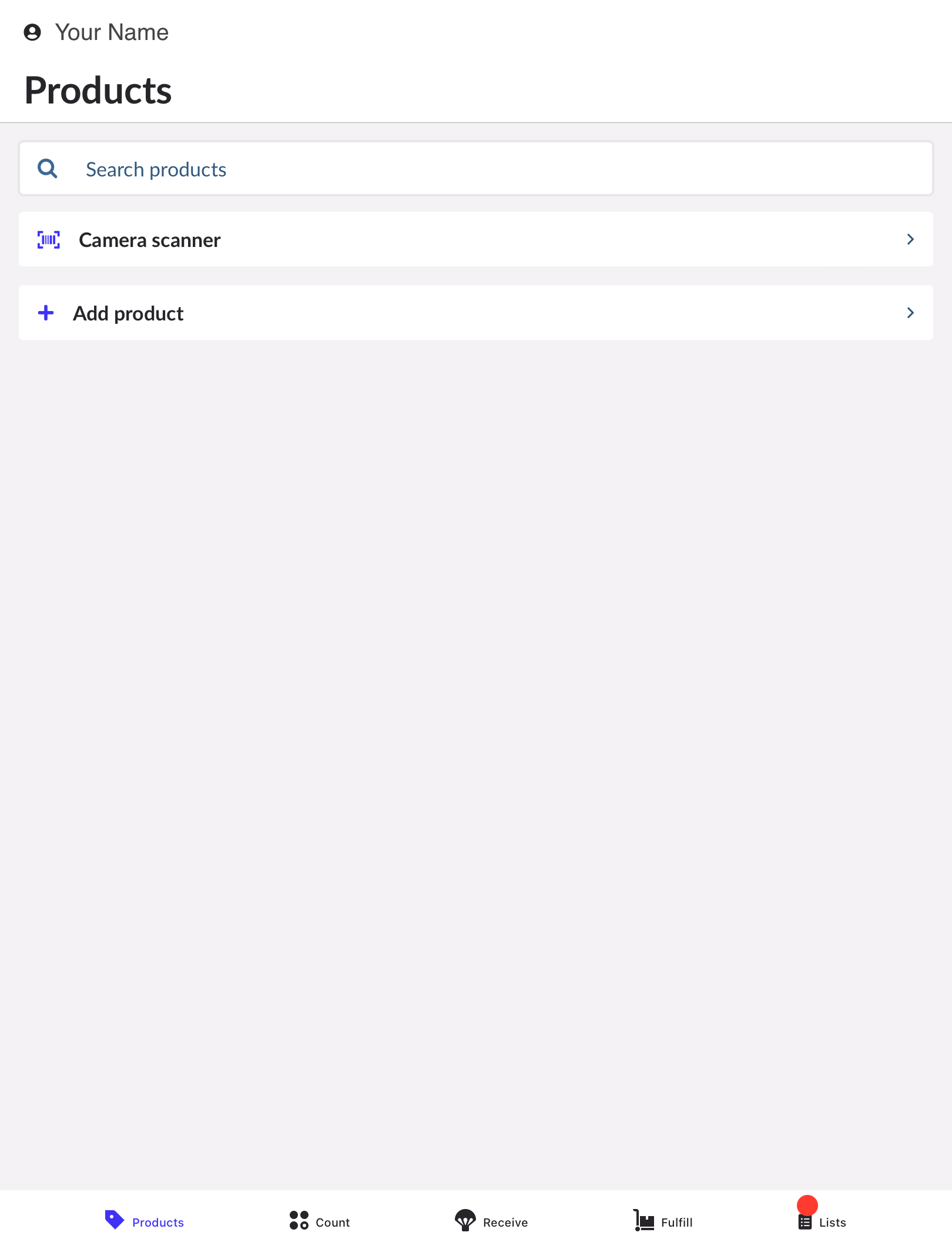 Onglet Produits avec les options Rechercher des produits, Ouvrir le scanner, Ajouter des produits