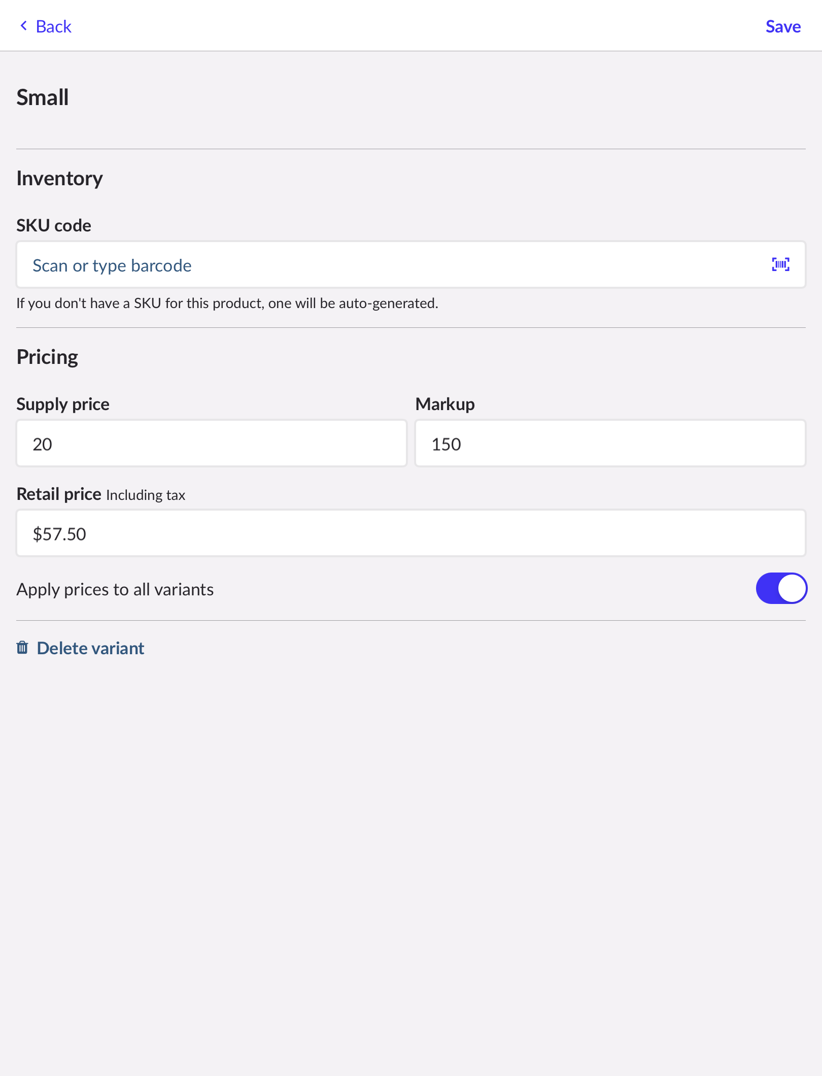 Page détaillée sur la variante S, permettant de saisir un code SKU, d'ajuster le prix ou de supprimer la variante.