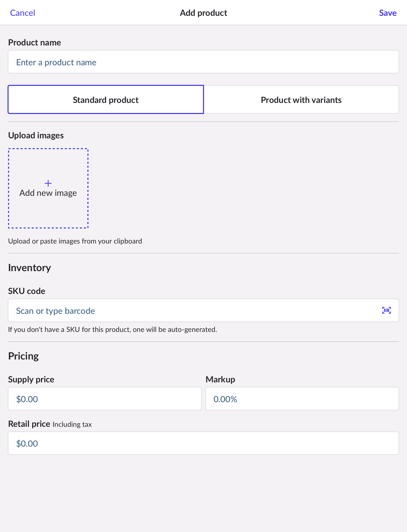 Écran Ajouter un produit, avec le type Produit standard sélectionné.