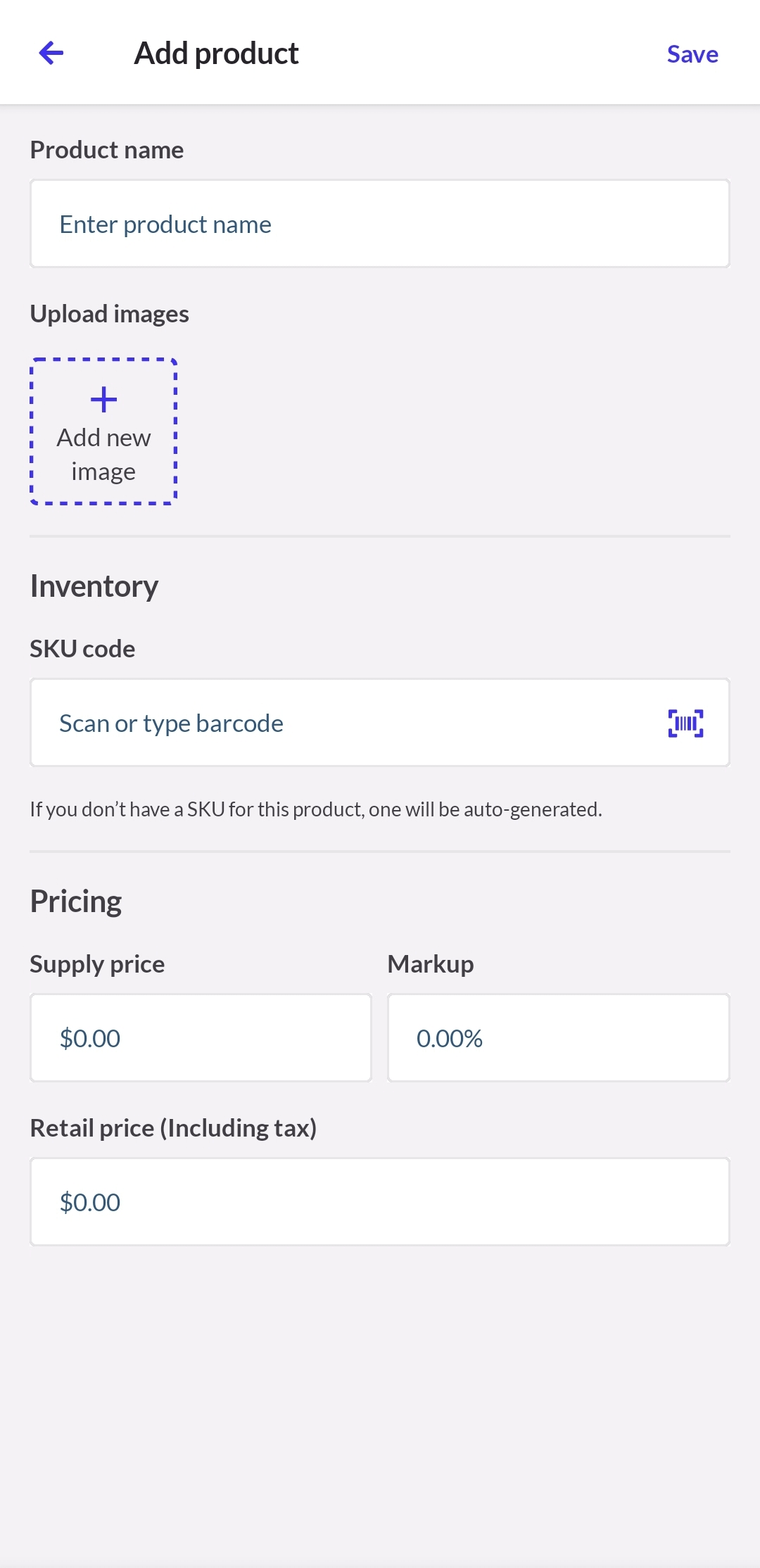 Page Ajouter un produit permettant de saisir un nom de produit, de charger des images, de saisir un code SKU ou d'ajuster le prix.