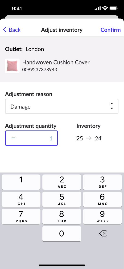 Page Ajustement où la quantité d'ajustement est modifiée pour réduire le stock disponible.