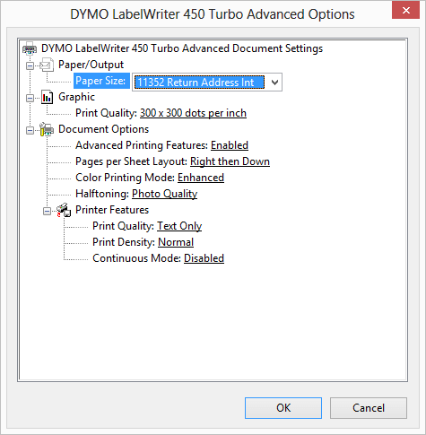 Fenêtre d'options avancées du modèle DYMO LabelWriter 450, avec le paramètres 'Taille du papier' sélectionné.