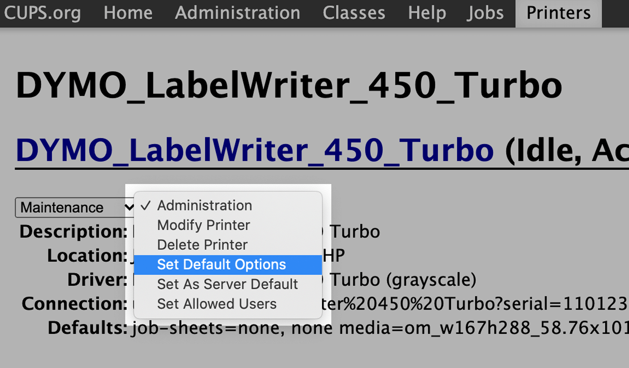 Page des paramètres CUPS DYMO LabelWriter 450 Turbo, avec l'option 'Set Default Options' (Configurer les options par défaut) sélectionnée.
