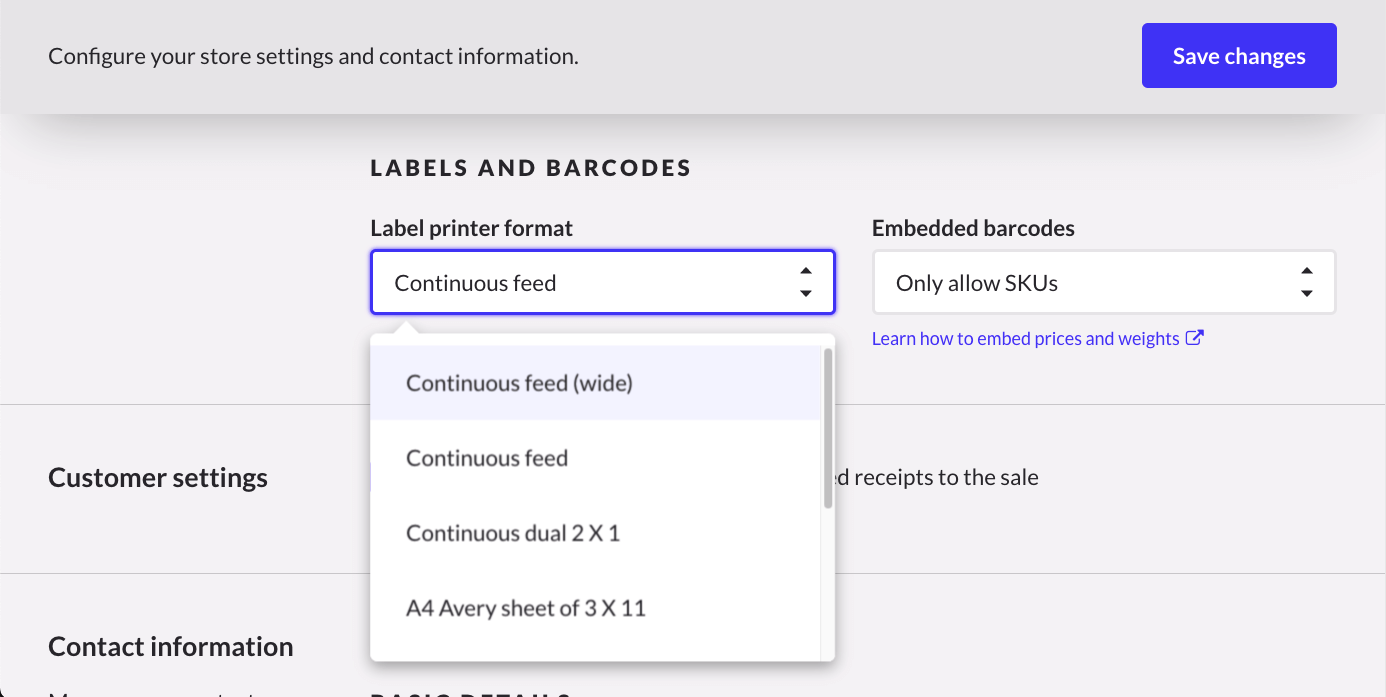 Page de configuration Retail POS avec l'option 'Impression continue' sélectionnée dans le menu déroulant 'Format d'impression d'étiquettes'.