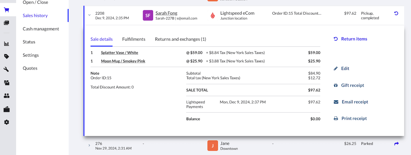 Completed online sale expanded to show details.