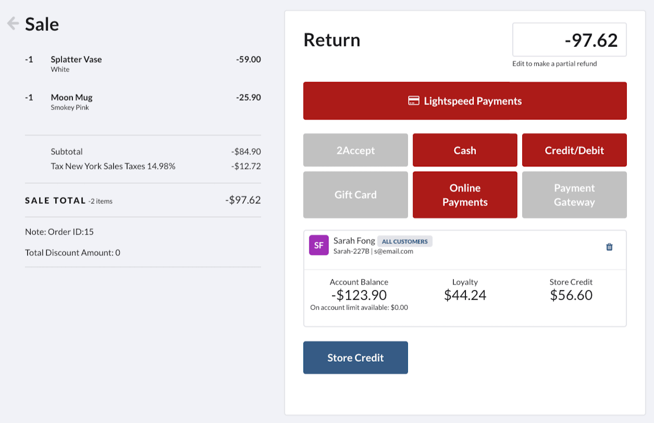 Return page showing methods of payment and store credit buttons.