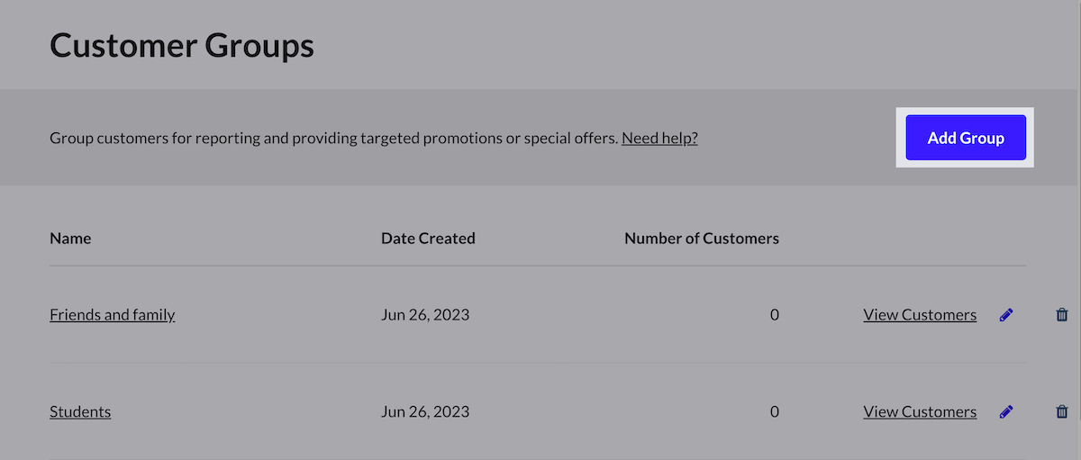 Page des groupes de clients.