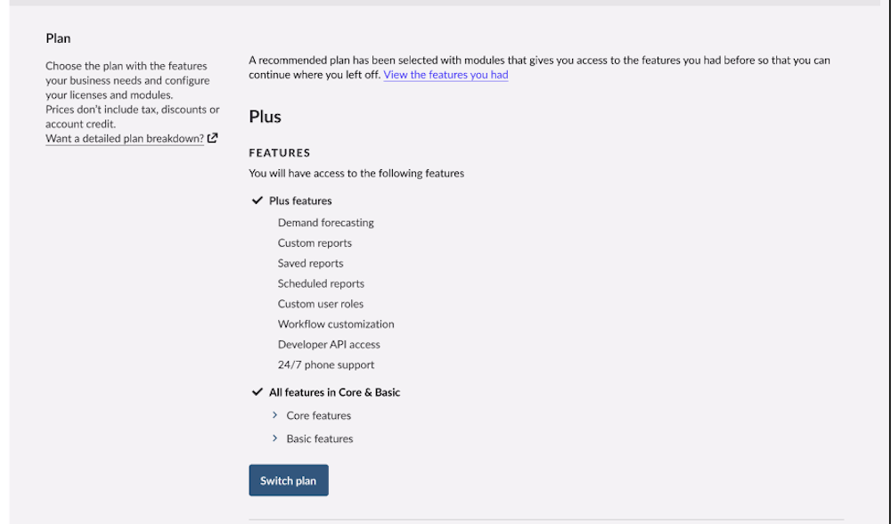 Plan section of reactivation process with features list.