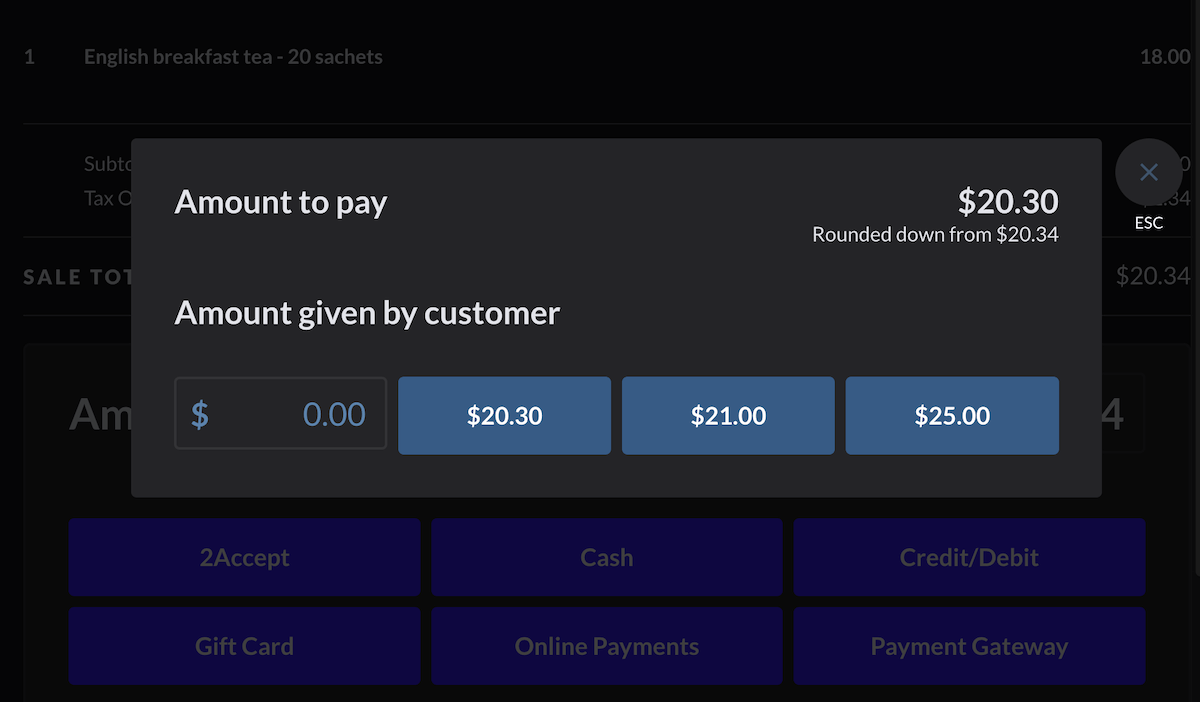Ecran de paiement pour une vente.
