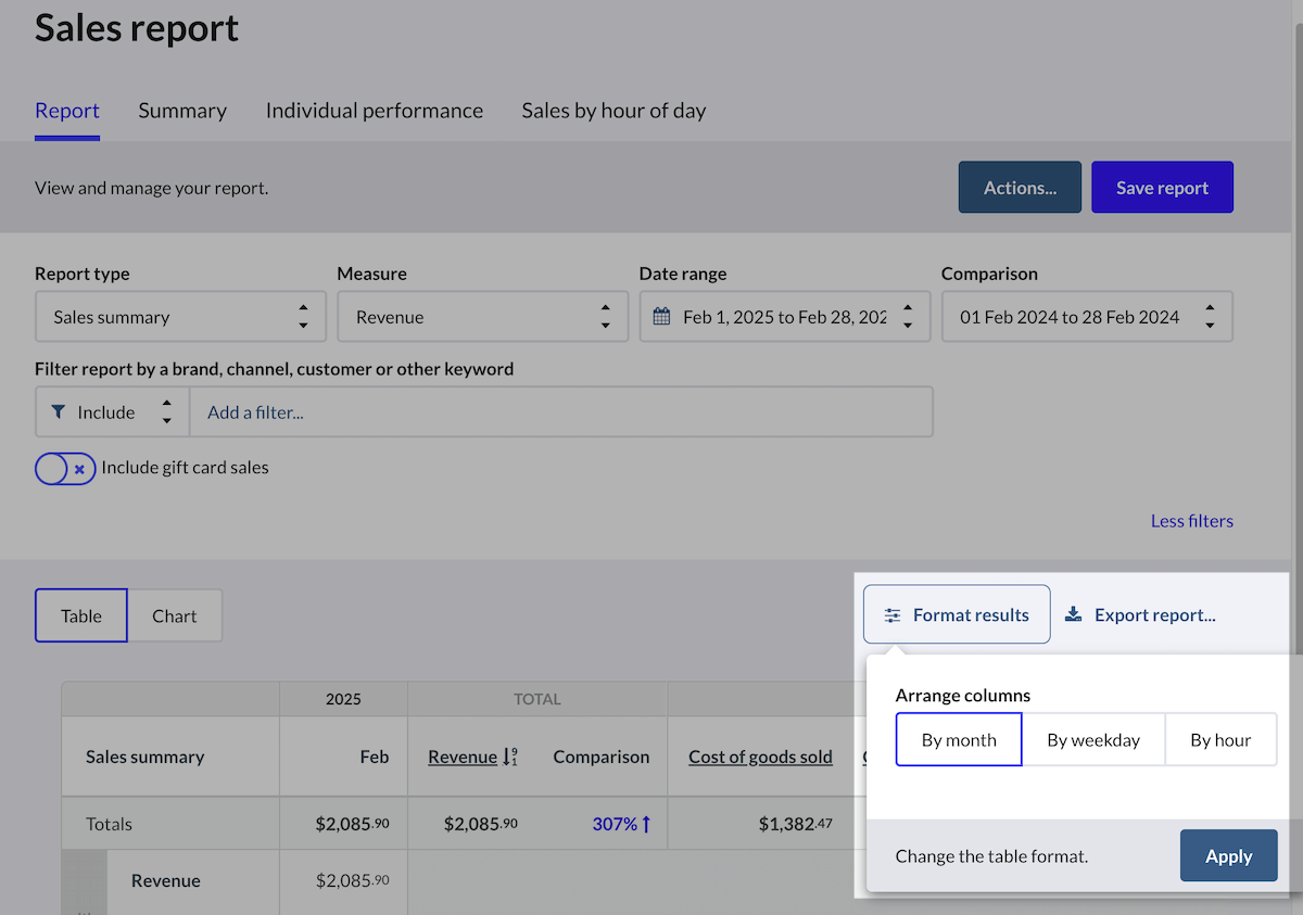 Sales summary report with Format results option emphasized.