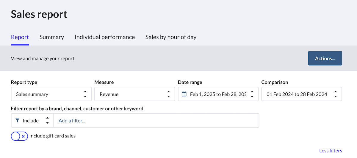 Sales Summary report with 'More filters' enabled