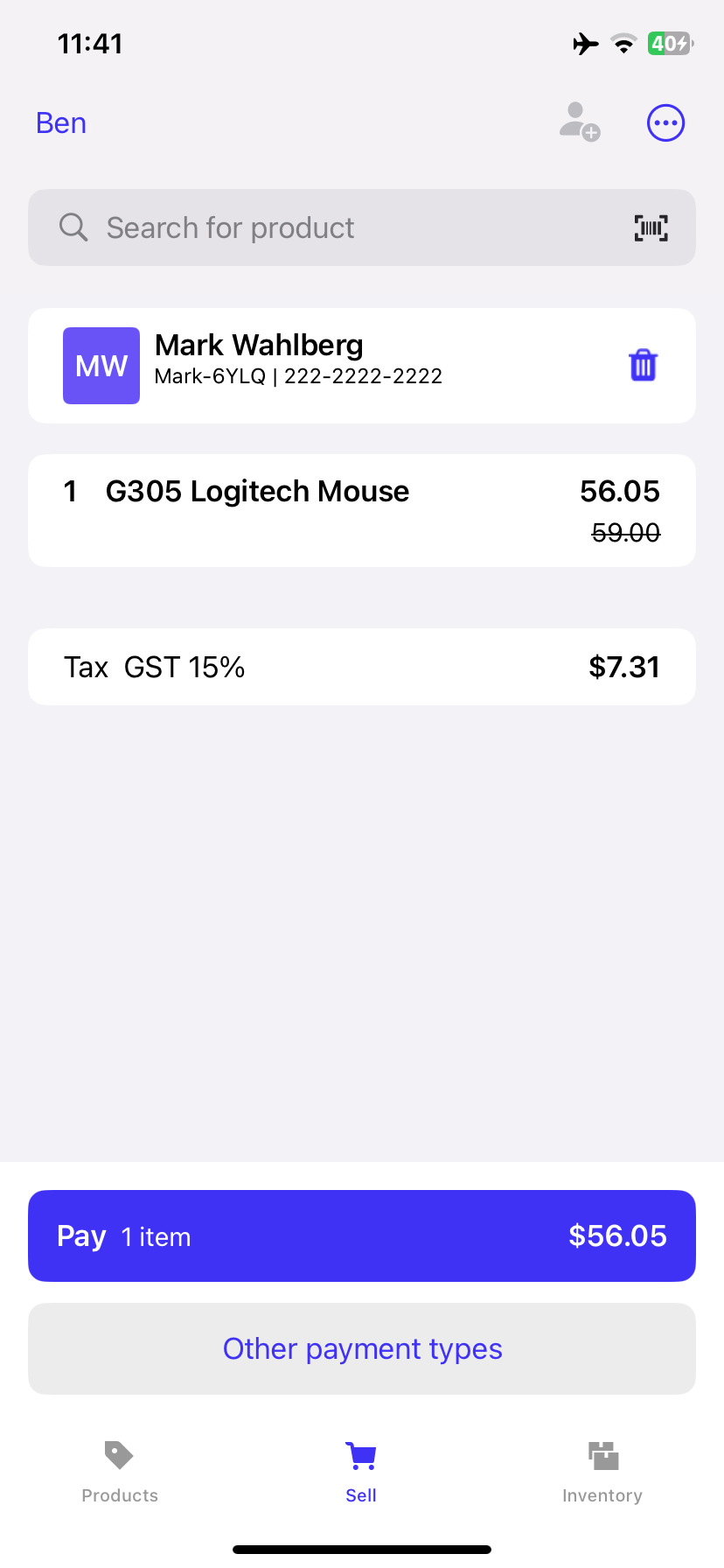 Sale screen showing options to Pay or select Other payment types.