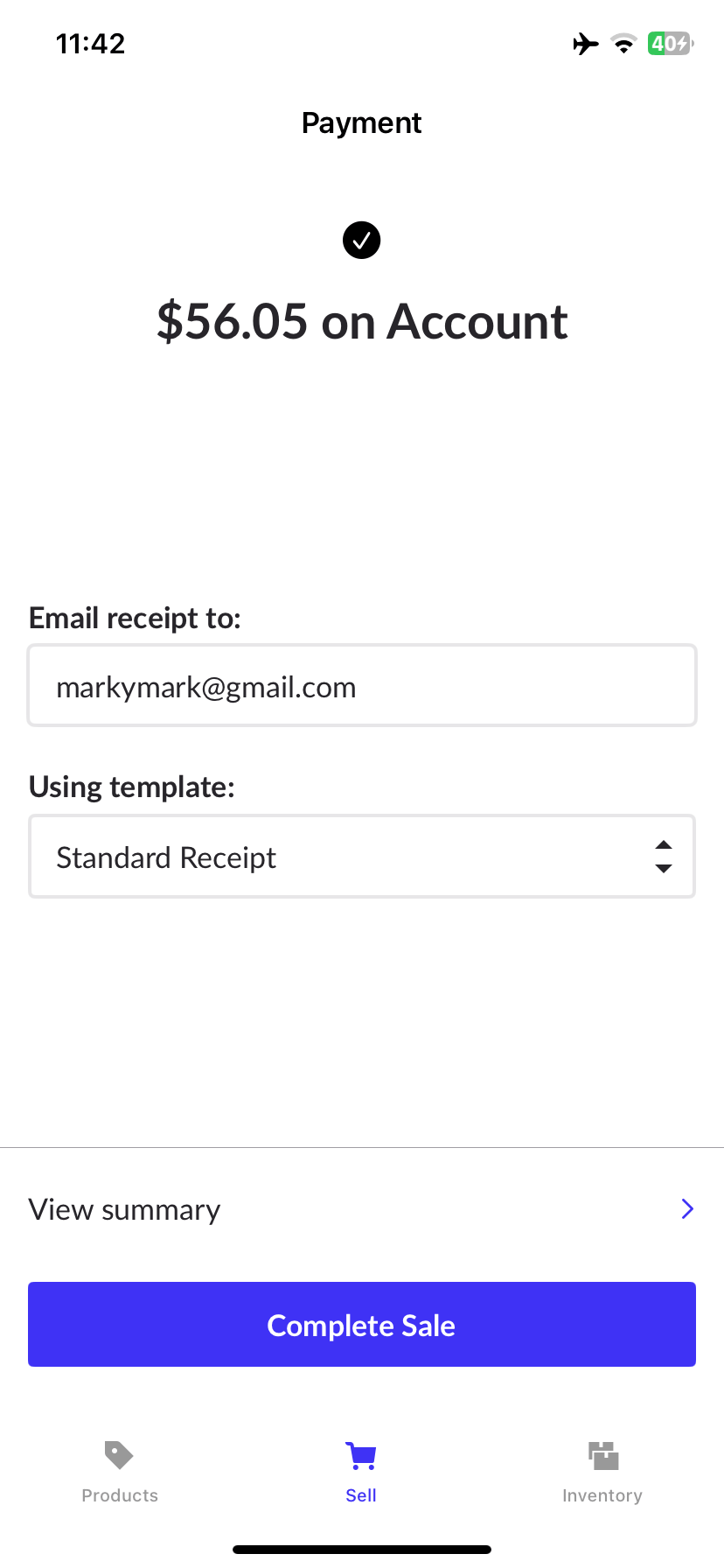 The option to enter an email for the sale receipt and to complete the sale