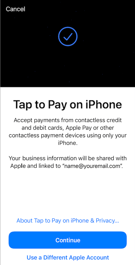 Tap to Pay on iPhone popup with option to Continue.