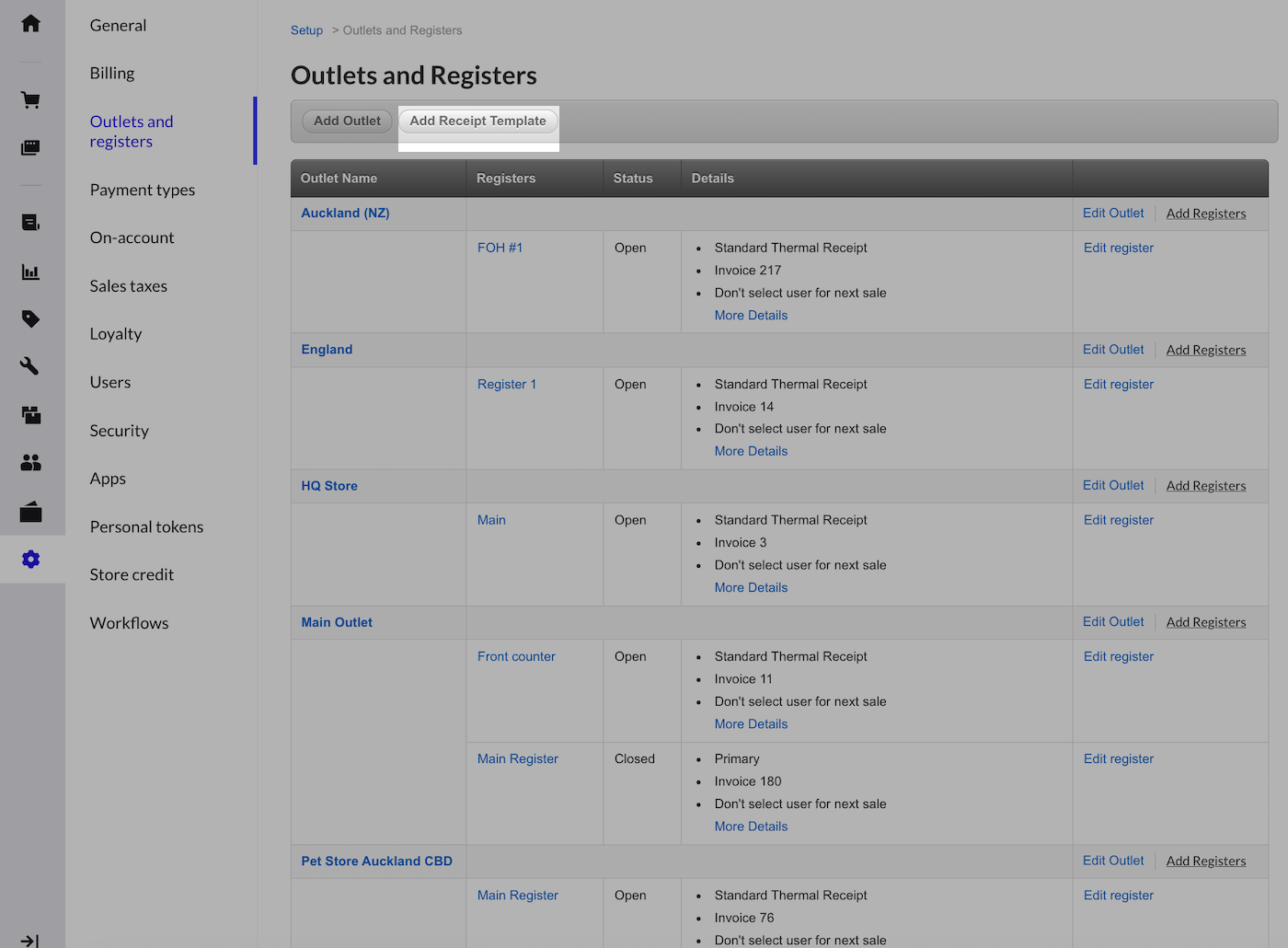 Outlets and Registers page with Add Receipt Template emphasized.