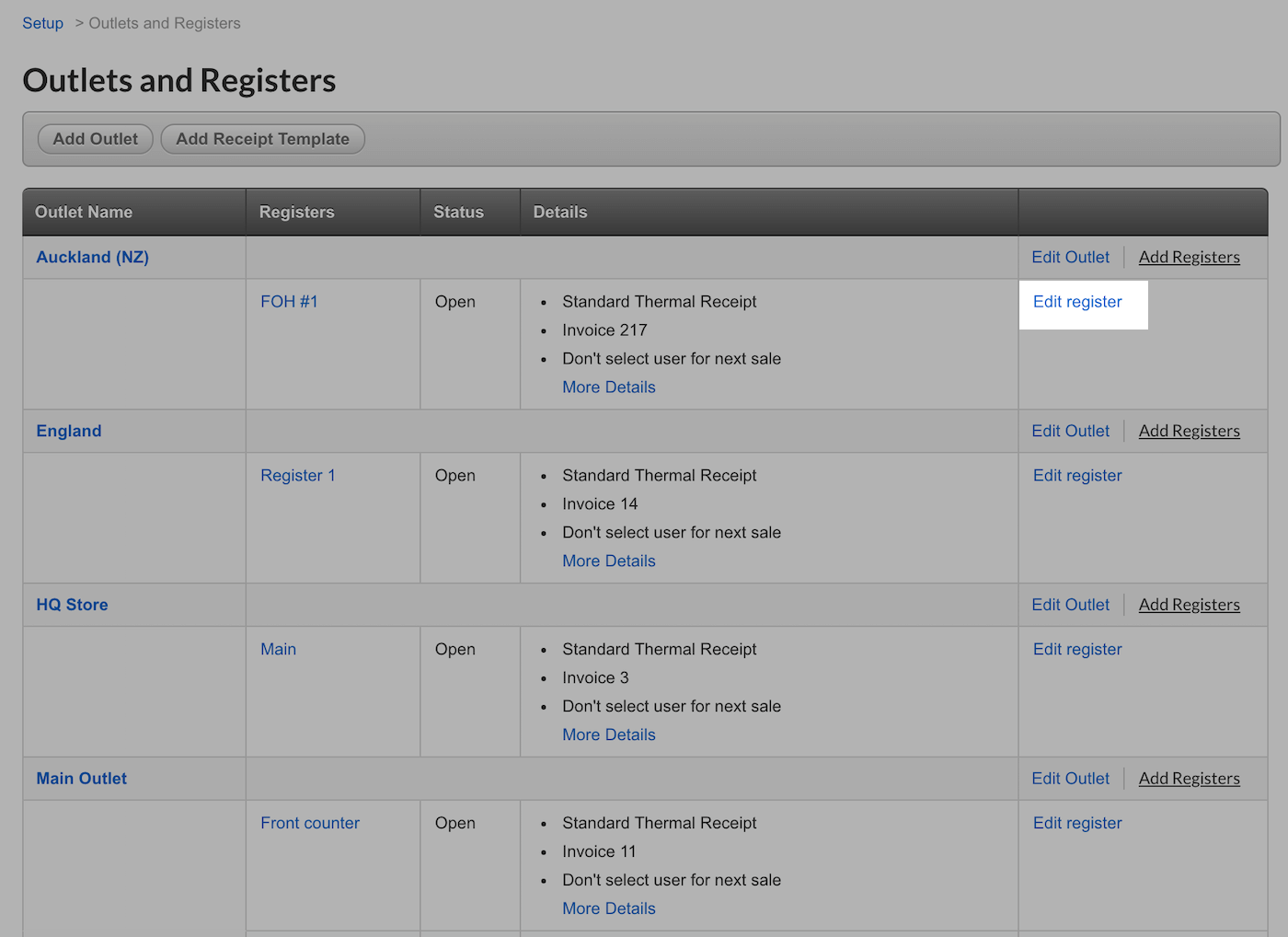 Outlets and Registers page with Edit register emphasized.