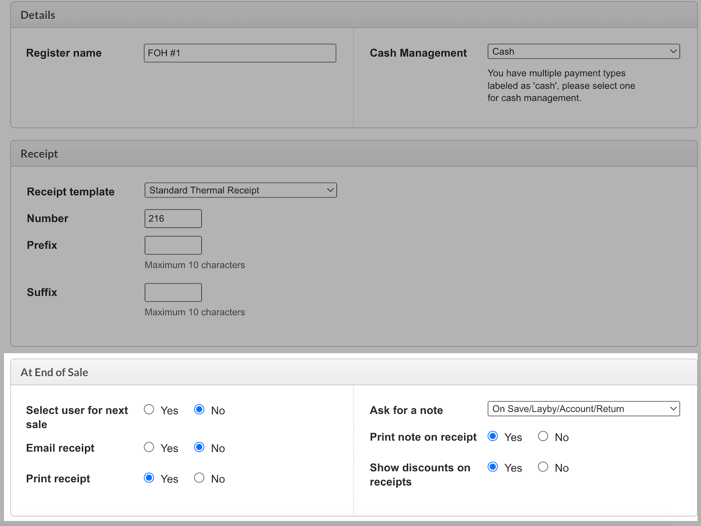 Edit Register page with At End of Sale section emphasized.
