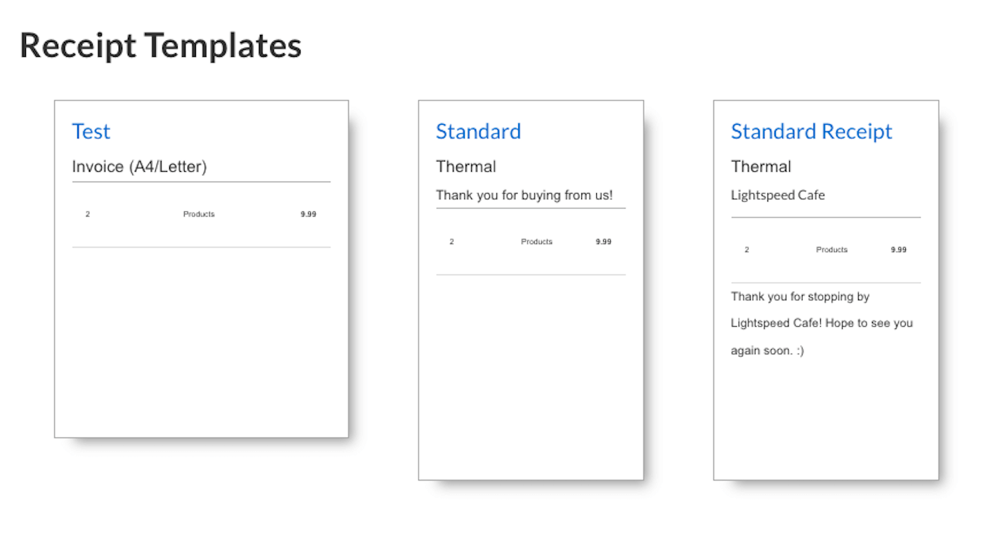 Receipt Templates section showing different template options.