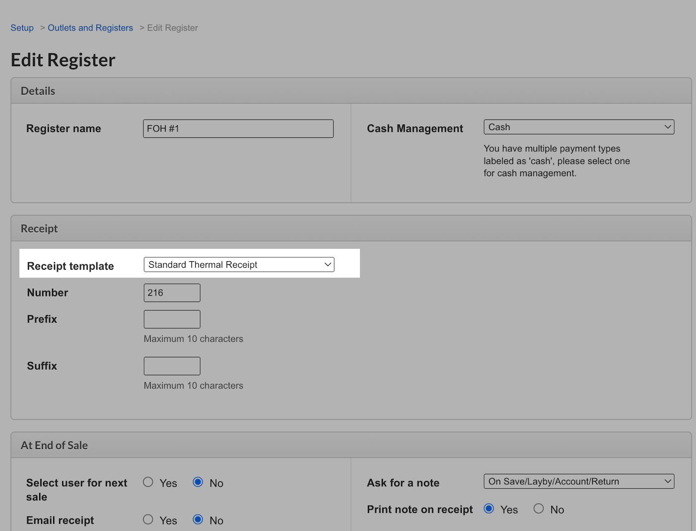 Edit Register page with Receipt template dropdown emphasized.