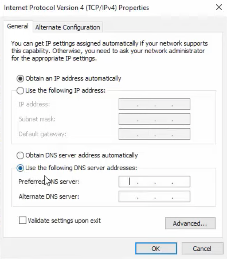 Adding Google's DNS server addresses in IPv4 properties on Windows
