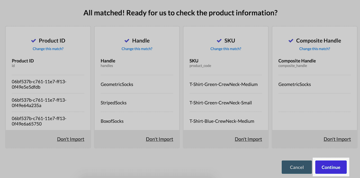Column page with all matching. The Continue button is emphasized.