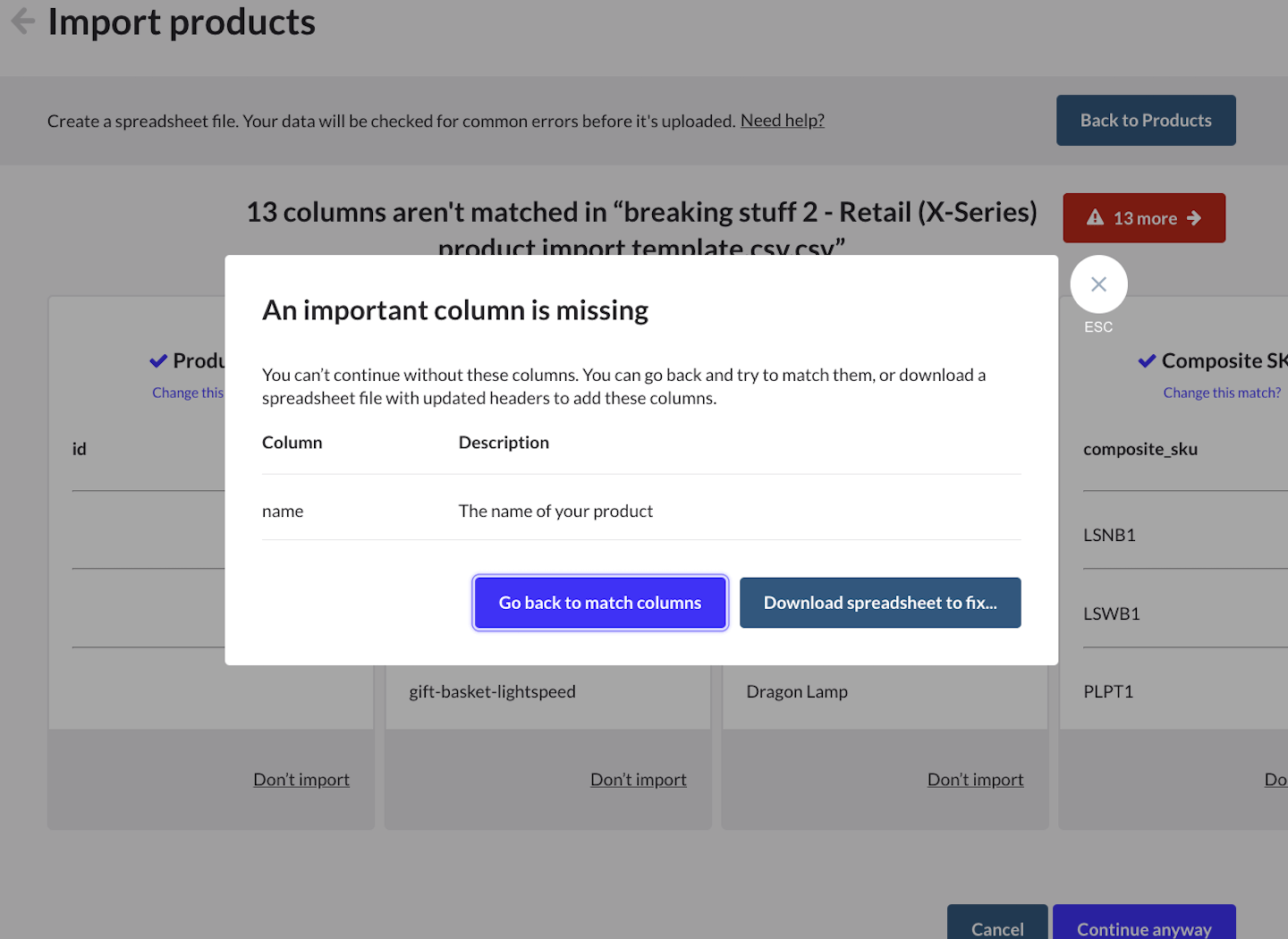 Error stating that an important column is missing.