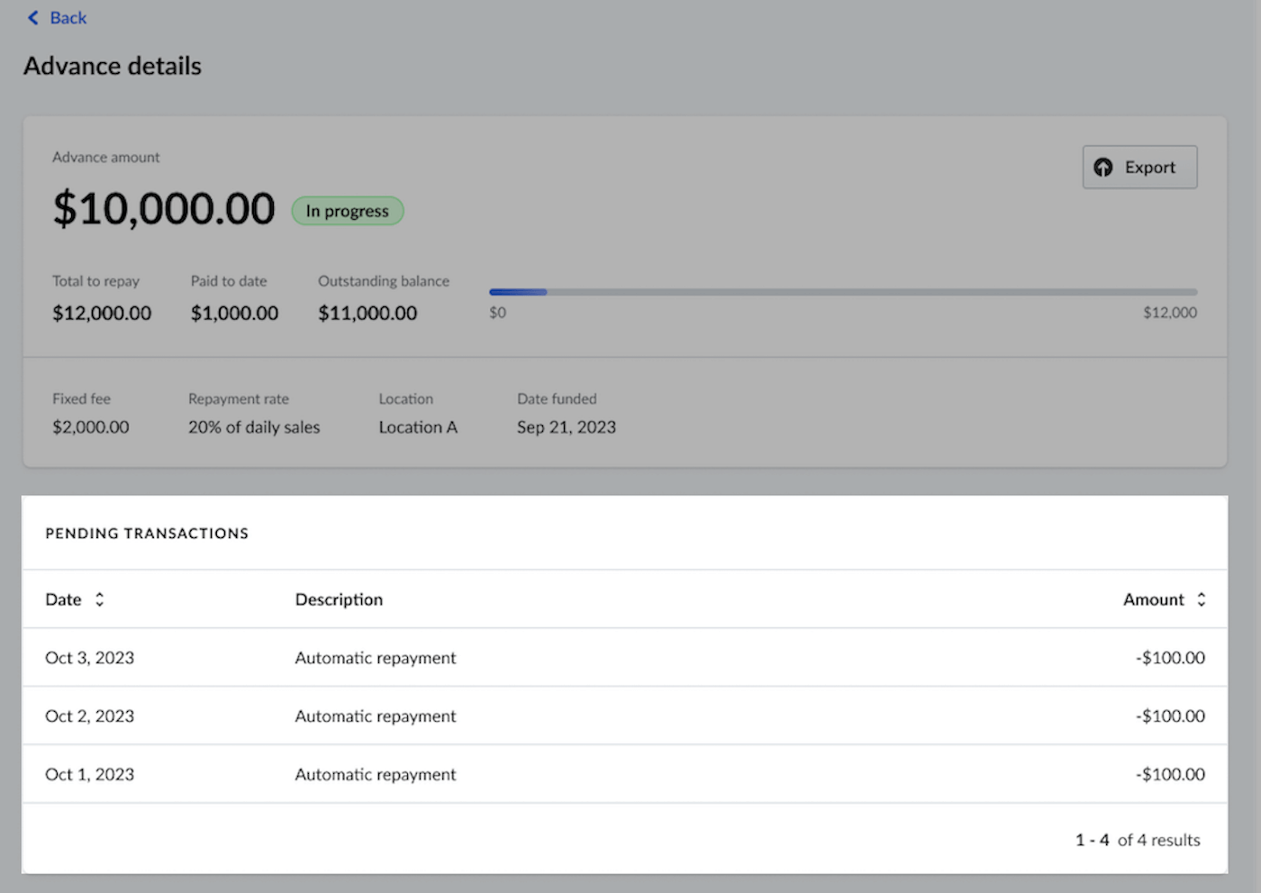 Pending transactions section.