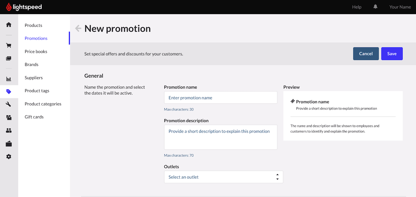 New promotion page showing General section with fields for Promotion name, description, and outlets.