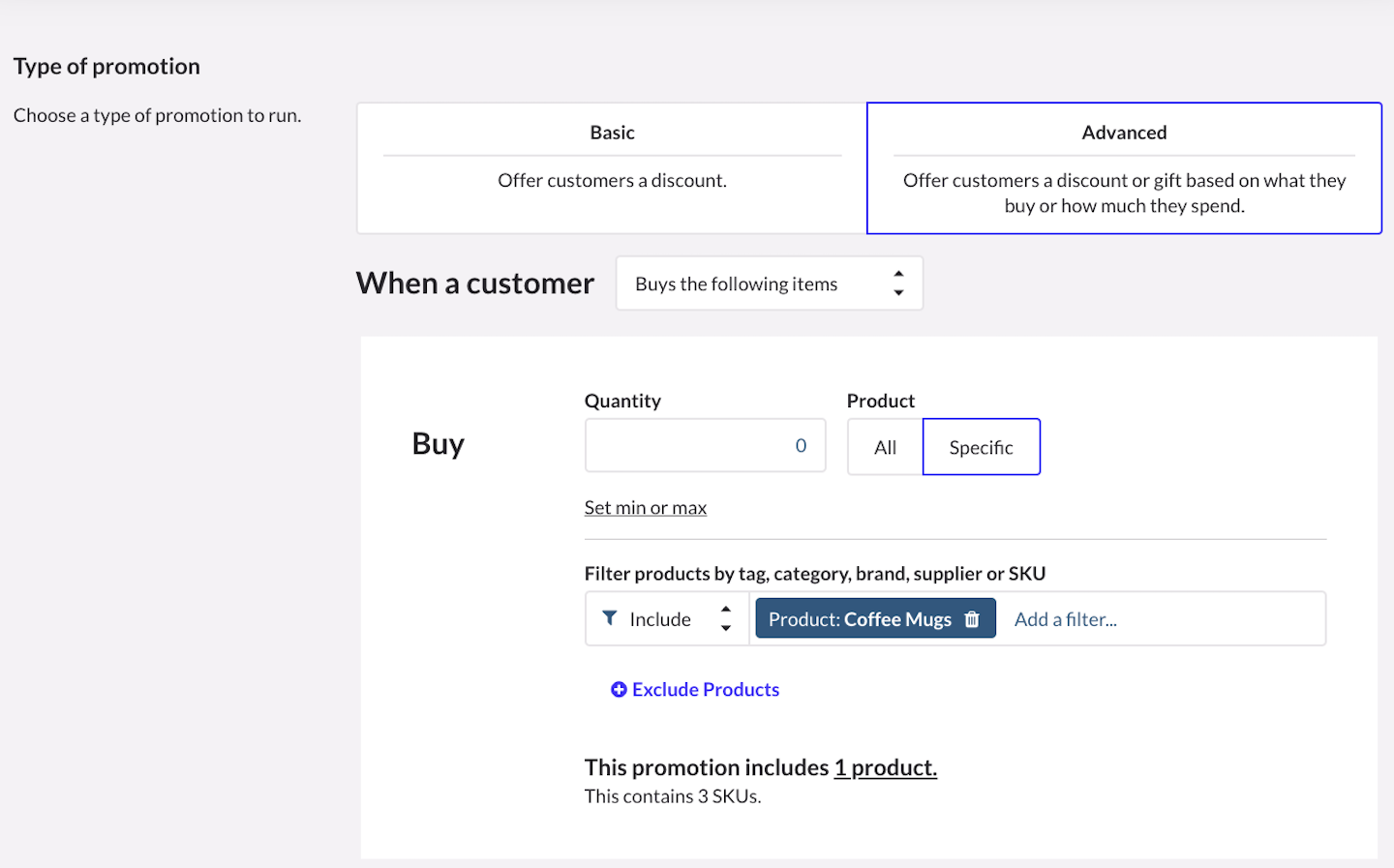 Type of promotion section with Buys the following items selected.