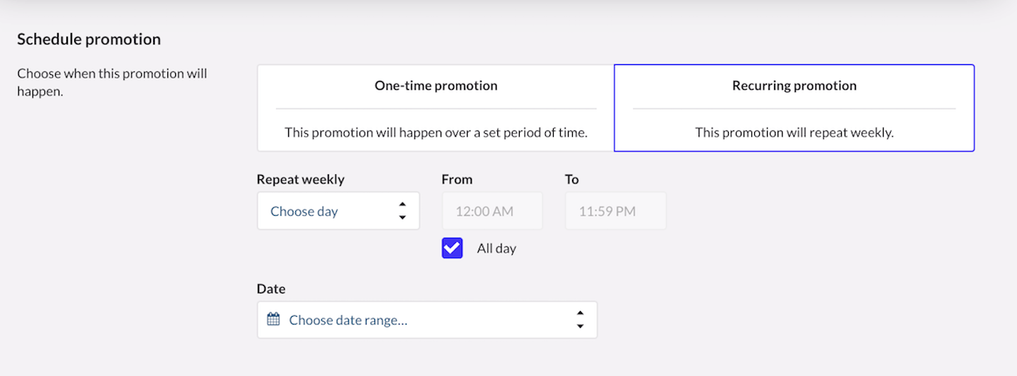 Schedule promotion section with options for One-time promotion or Recurring promotion.