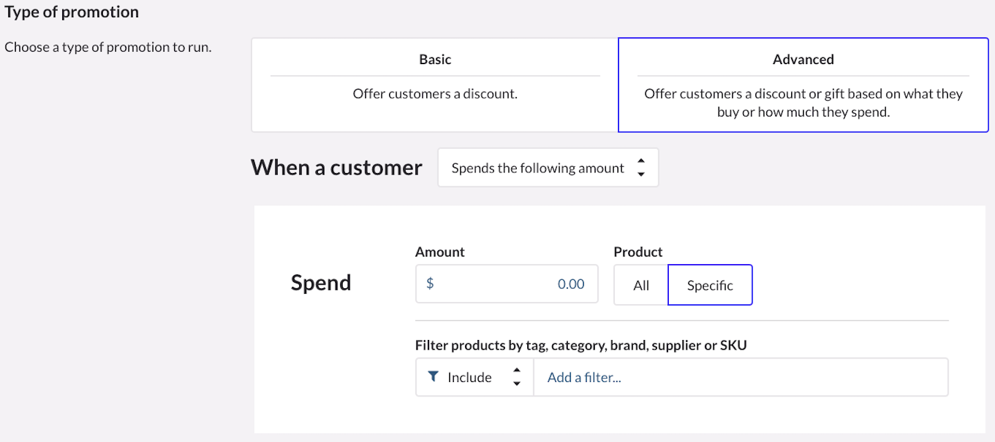 Type of promotion section with Spends the following amount selected.