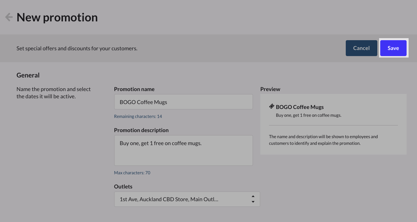 New promotion page with Save emphasized.