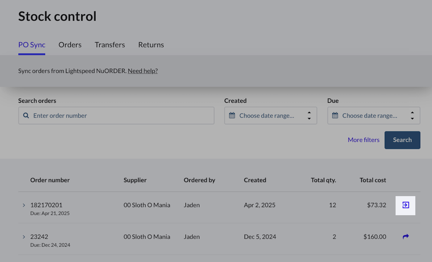 The recommendations tab showing filters to search for orders and the import icon highlighted.