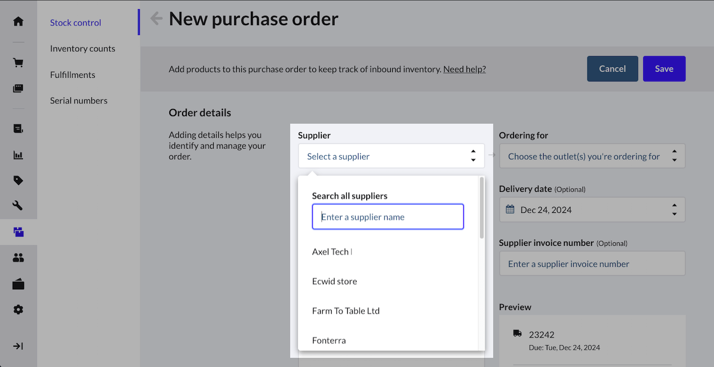 Order details with the supplier dropdown highlighted.