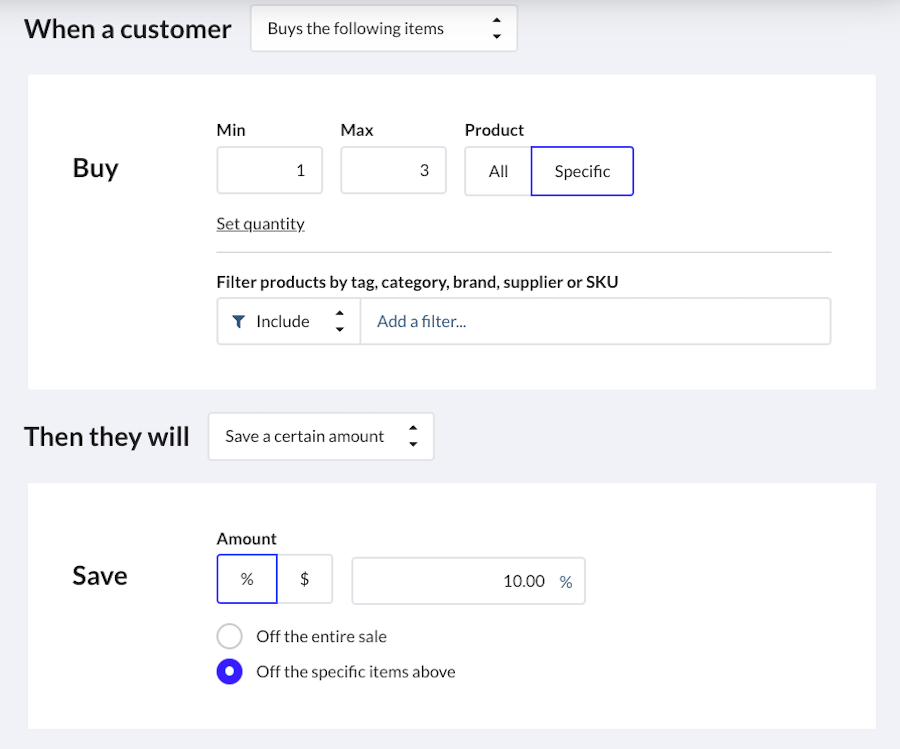 Conditions for the first tier of a buy promotion.
