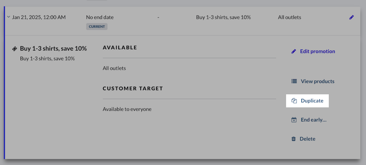First tier of the buy promotion with the details expanded. Duplicate button is highlighted.
