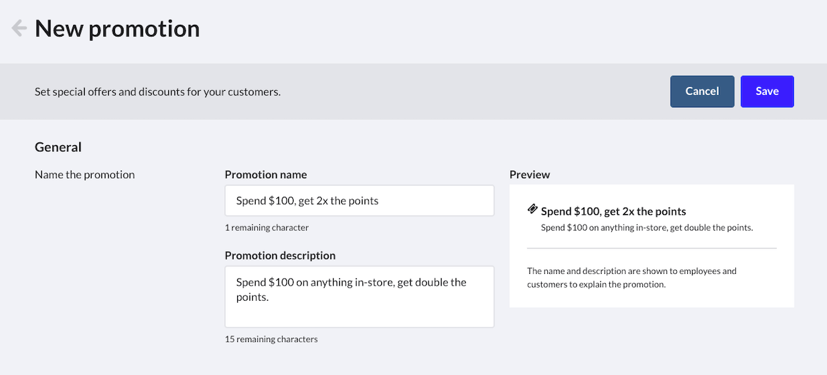 New
    promotion with name and description, channels, and outlets filled in.