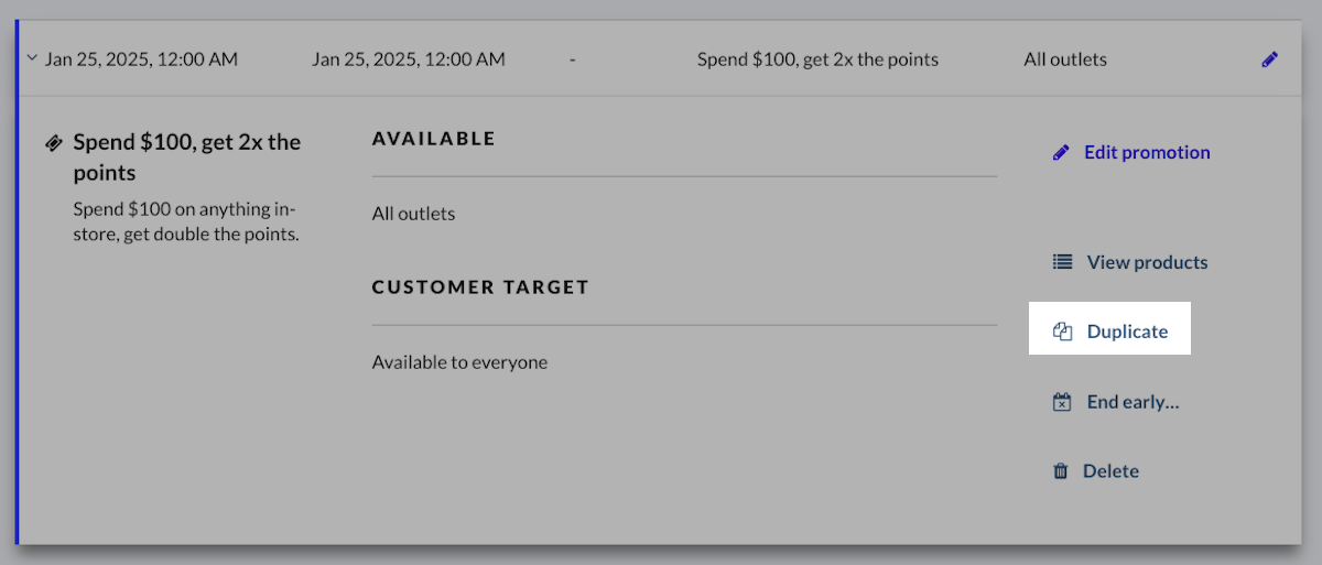 First tier of the buy promotion with the details expanded. Duplicate button is highlighted.