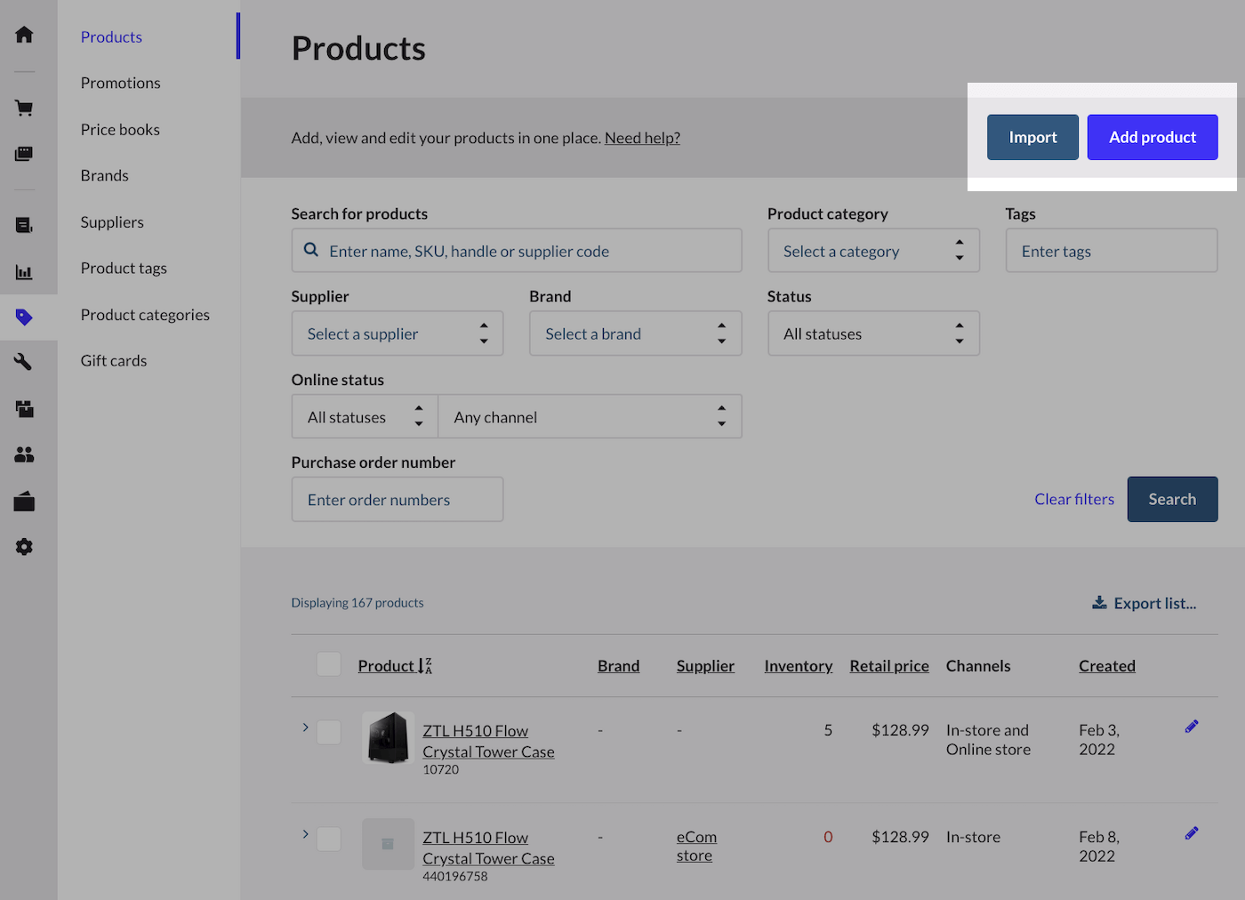 Page Produits, avec les boutons Importer et Ajouter un produit mis en surbrillance