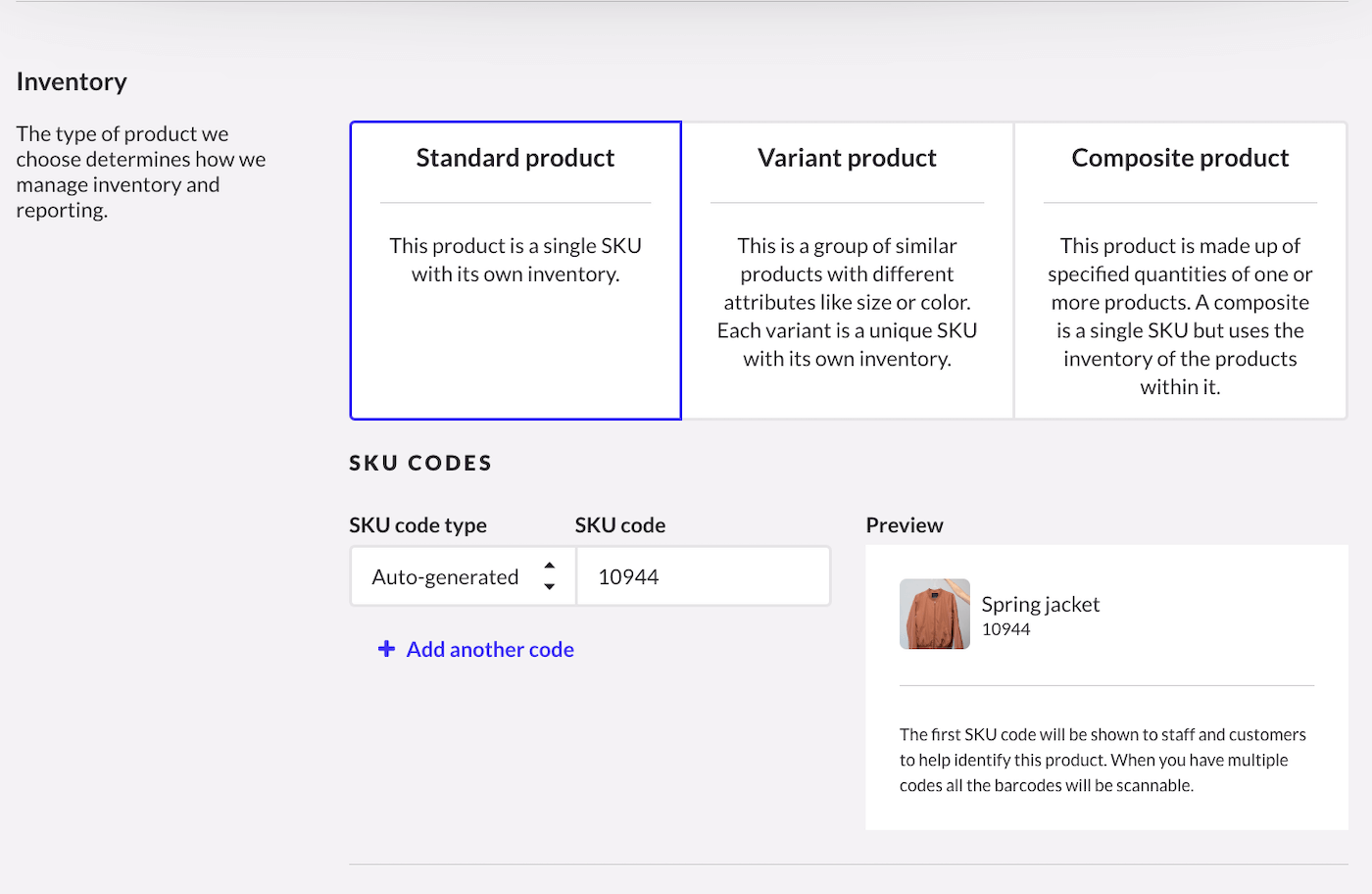 Options correspondant aux types de produits : produit standard, produit à variantes ou produit composé.
