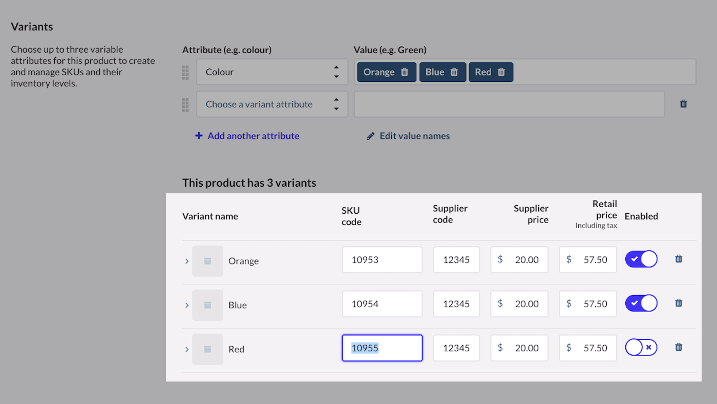 Section Variantes avec les détails d’une variante de produit mis en surbrillance.