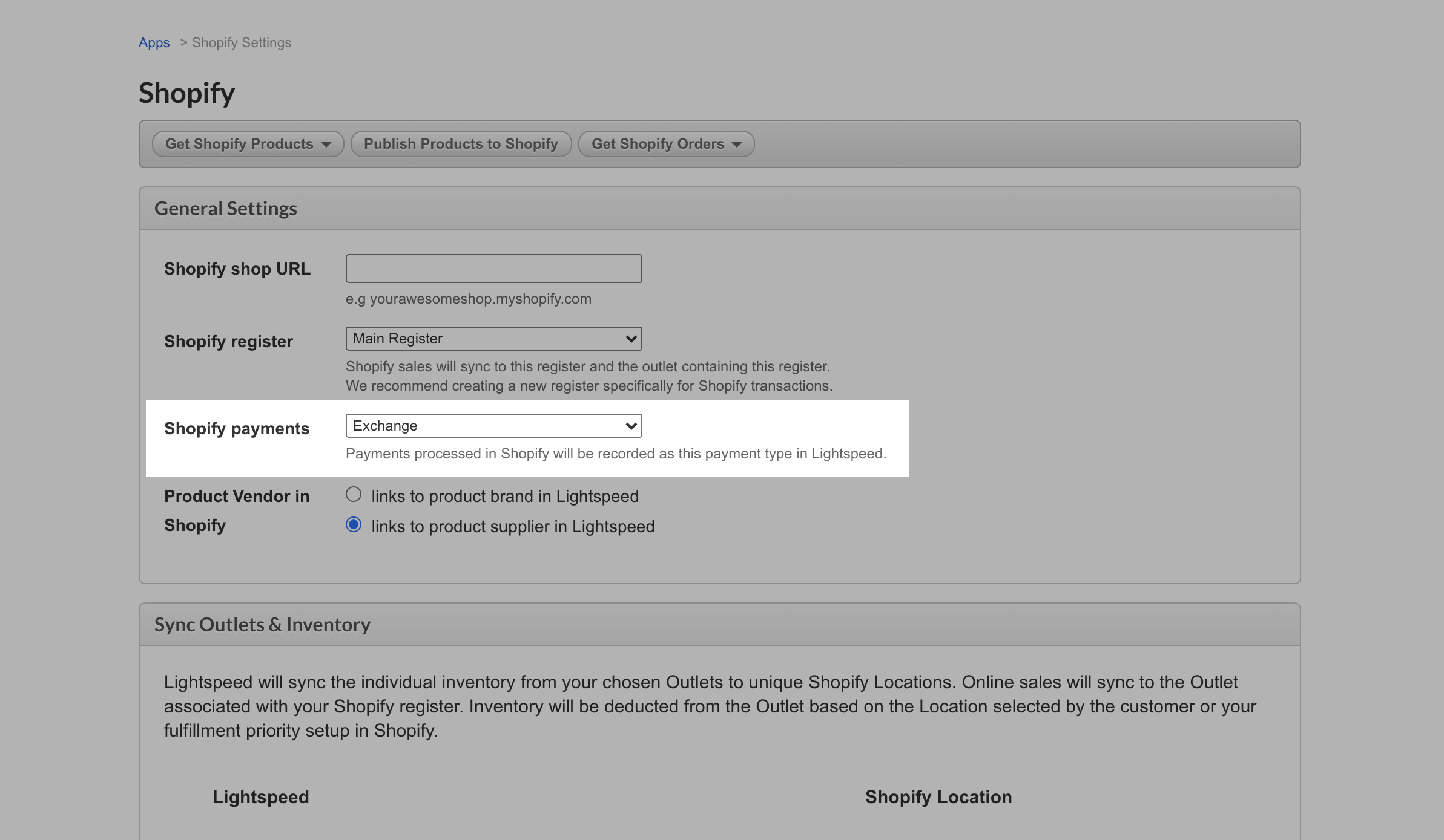 De pagina met Shopify-instellingen waarop de instelling voor Shopify-betalingen is uitgelicht.