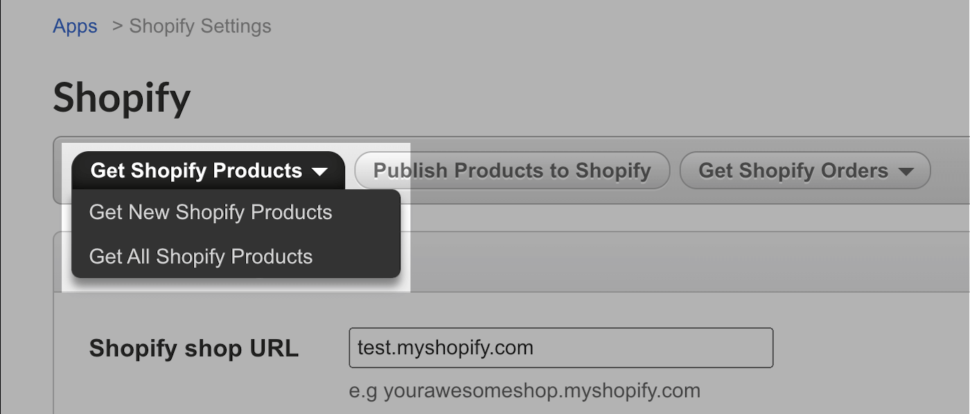 Pagina met Shopify-instellingen waarop het vervolgkeuzemenu Shopify-producten is uitgelicht.